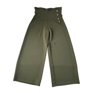 Derek Heart Womans Casual Wide Leg Pants M Olive Green Ruffle Waist Button